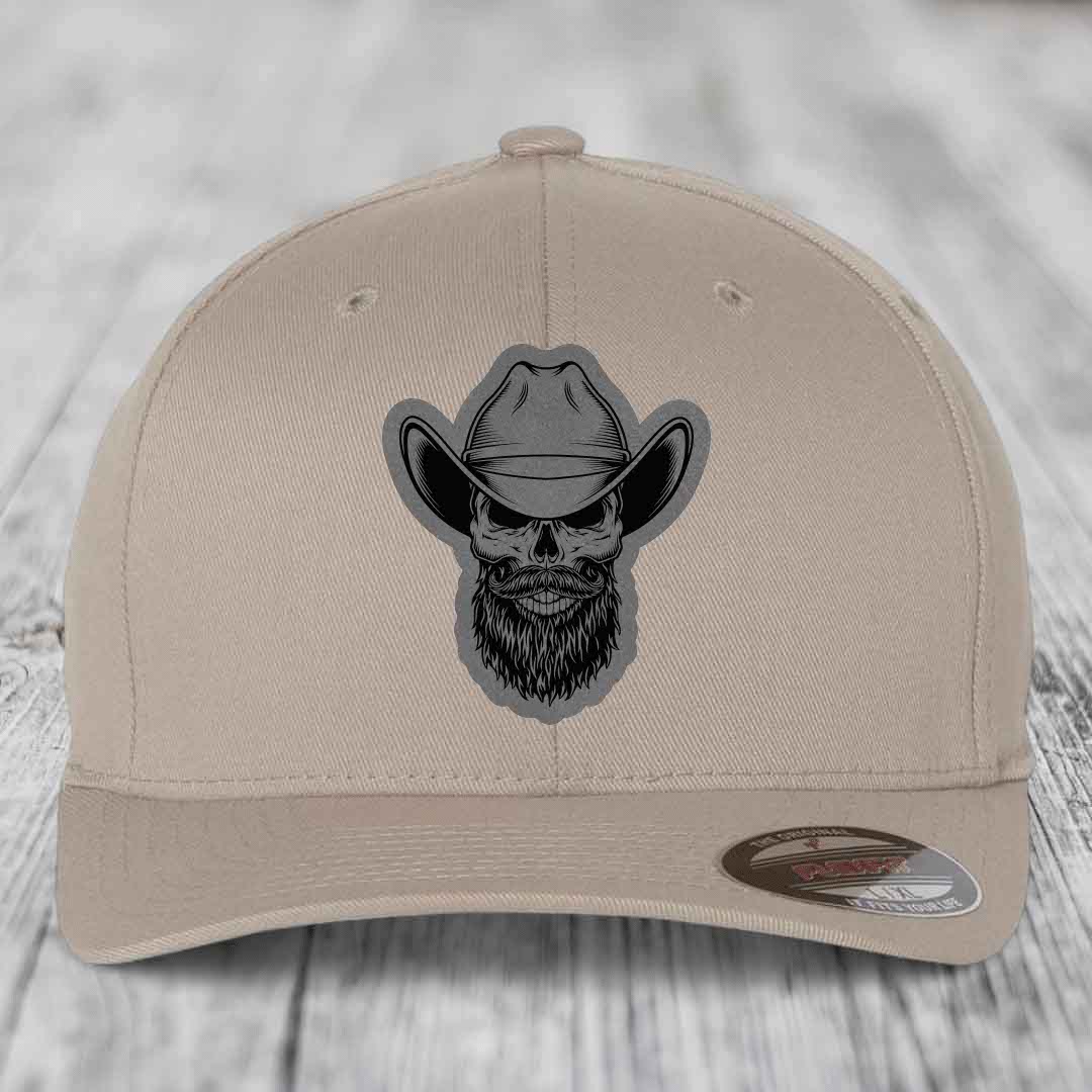 Bearded Cowboy Skull - Leather Patch Hat - Grey to Black Patch - Flexfit 6277 Fitted Hat