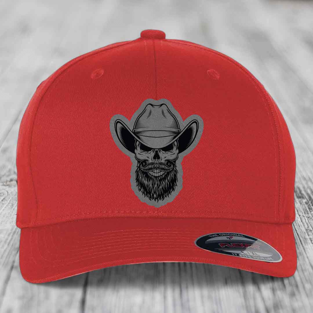 Bearded Cowboy Skull - Leather Patch Hat - Grey to Black Patch - Flexfit 6277 Fitted Hat