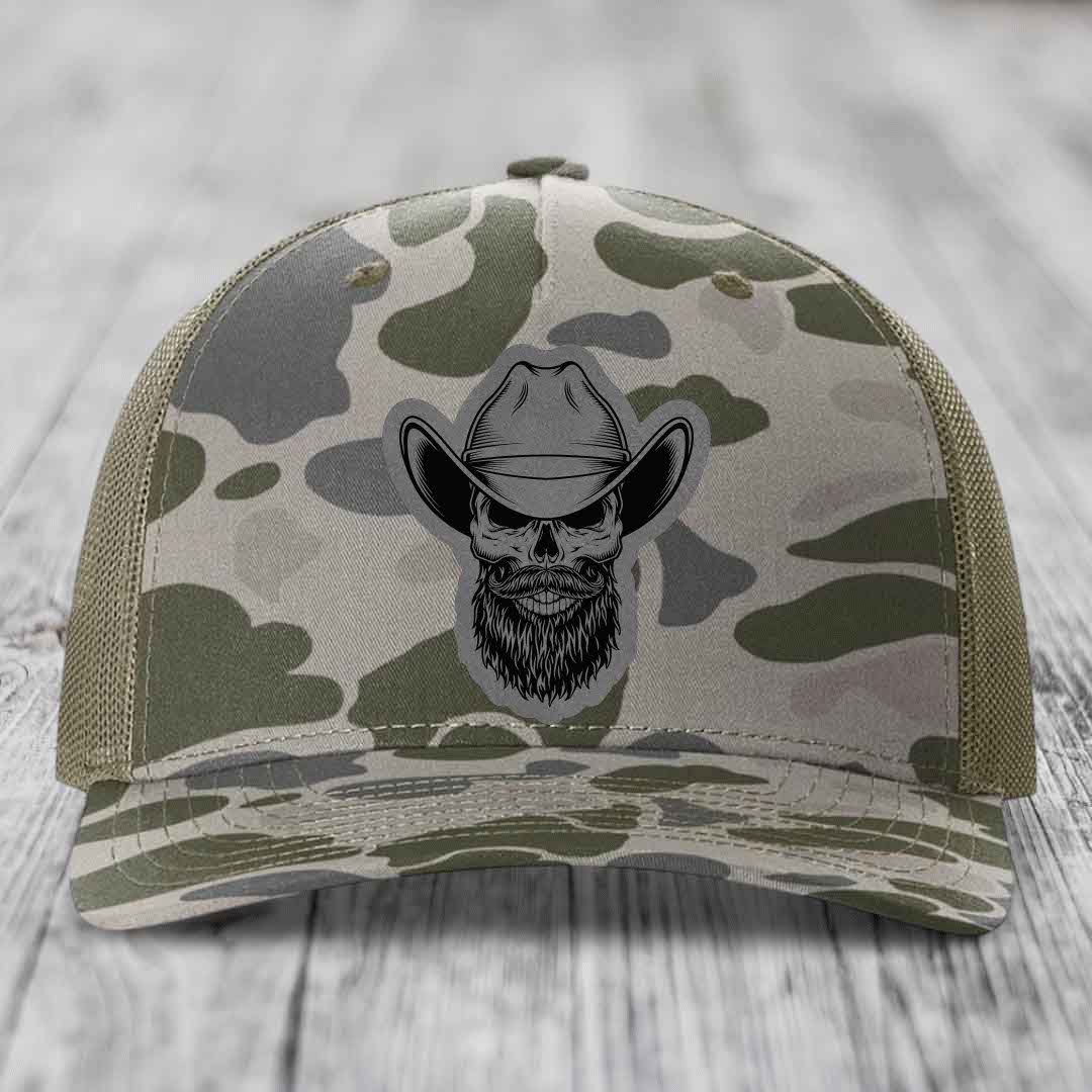 Bearded Cowboy Skull - Leather Patch Hat - Grey to Black Patch - Richardson 112PFP Snapback Trucker Hat
