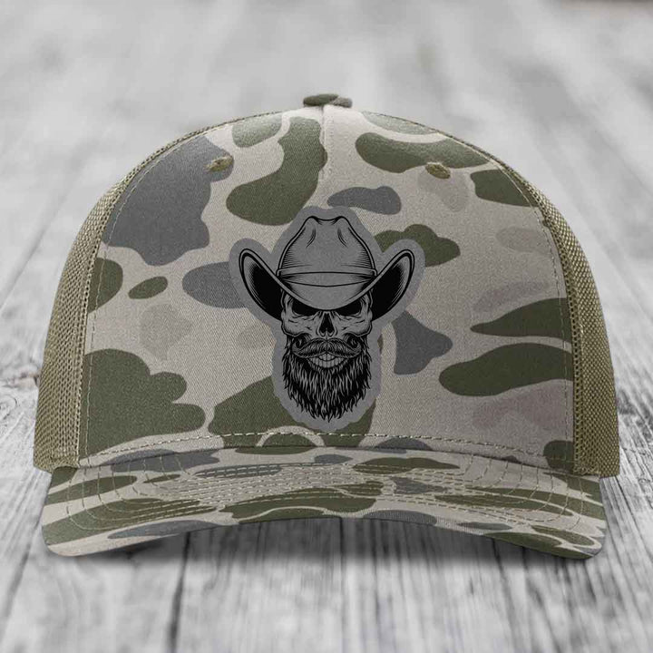 Bearded Cowboy Skull - Leather Patch Hat - Grey to Black Patch - Richardson 112PFP Snapback Trucker Hat