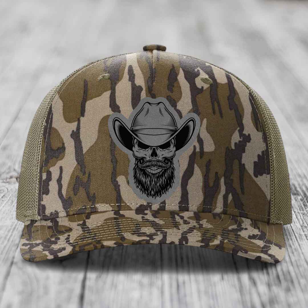 Bearded Cowboy Skull - Leather Patch Hat - Grey to Black Patch - Richardson 112PFP Snapback Trucker Hat