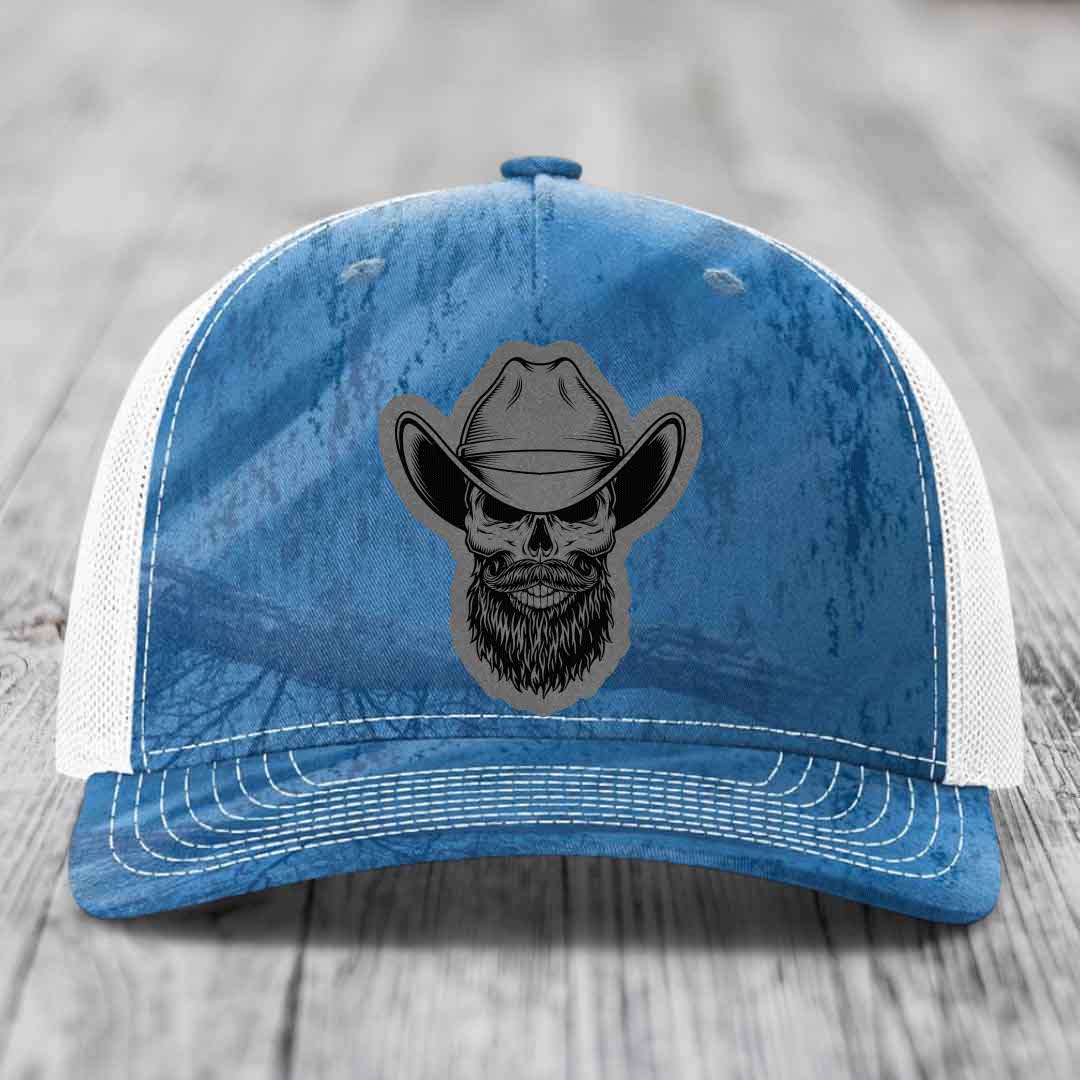 Bearded Cowboy Skull - Leather Patch Hat - Grey to Black Patch - Richardson 112PFP Snapback Trucker Hat