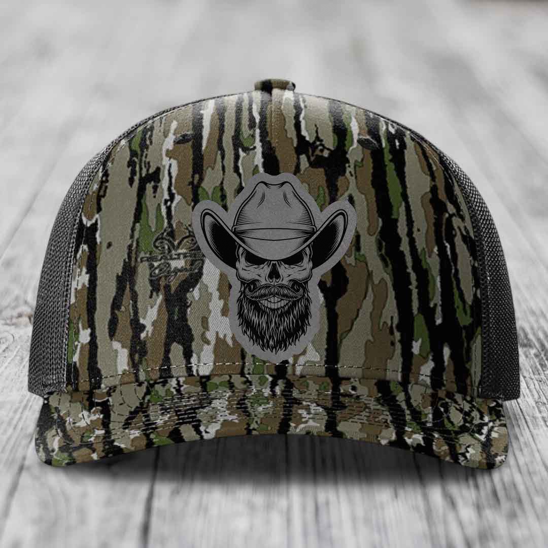 Bearded Cowboy Skull - Leather Patch Hat - Grey to Black Patch - Richardson 112PFP Snapback Trucker Hat