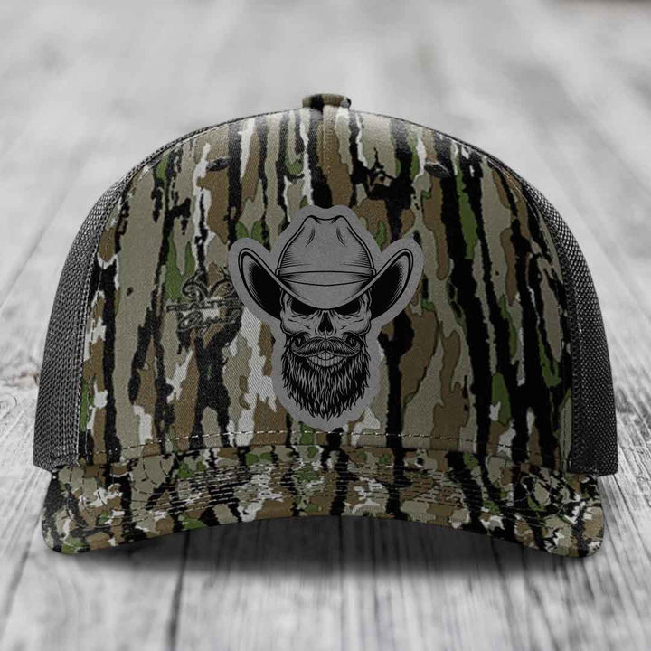 Bearded Cowboy Skull - Leather Patch Hat - Grey to Black Patch - Richardson 112PFP Snapback Trucker Hat