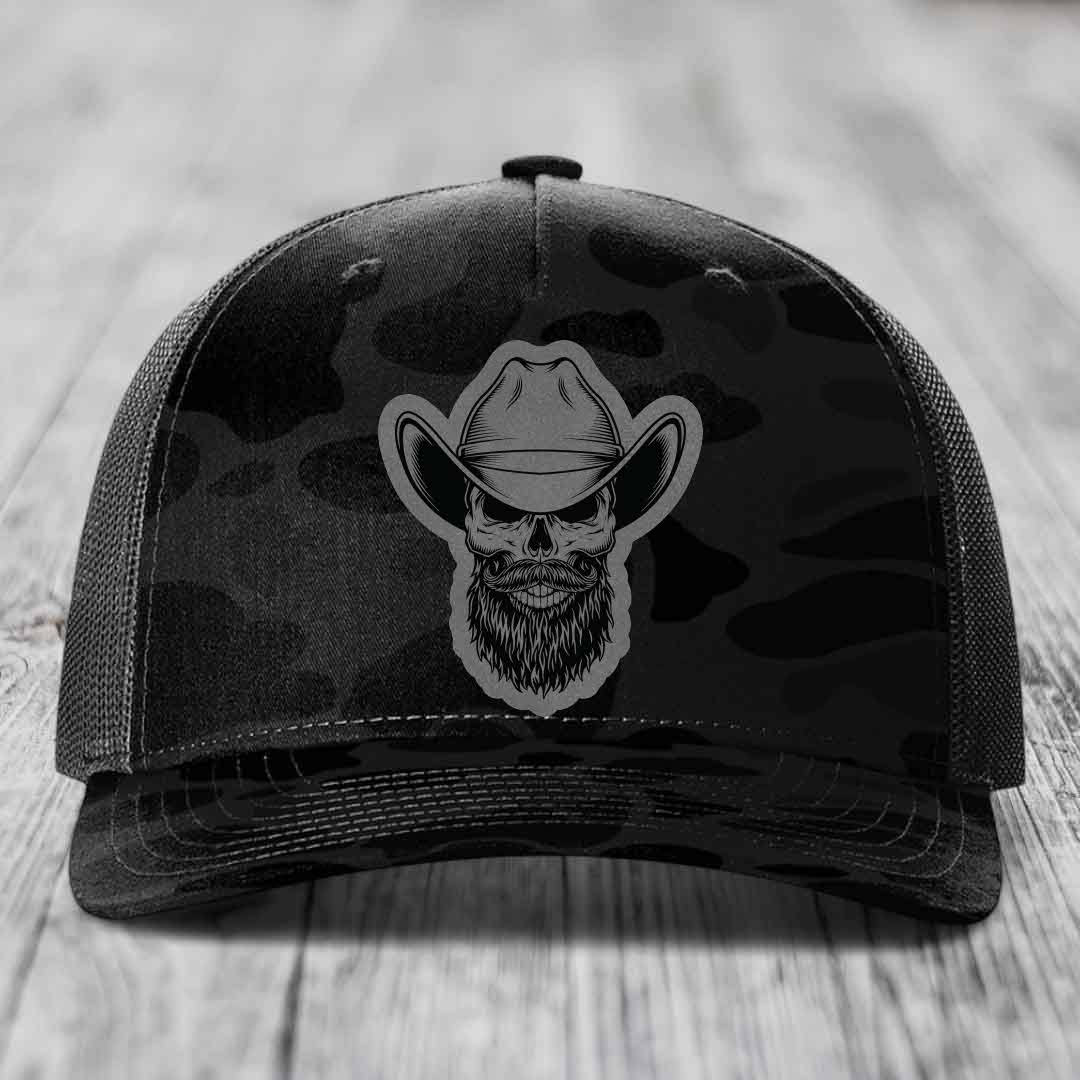 Bearded Cowboy Skull - Leather Patch Hat - Grey to Black Patch - Richardson 112PFP Snapback Trucker Hat
