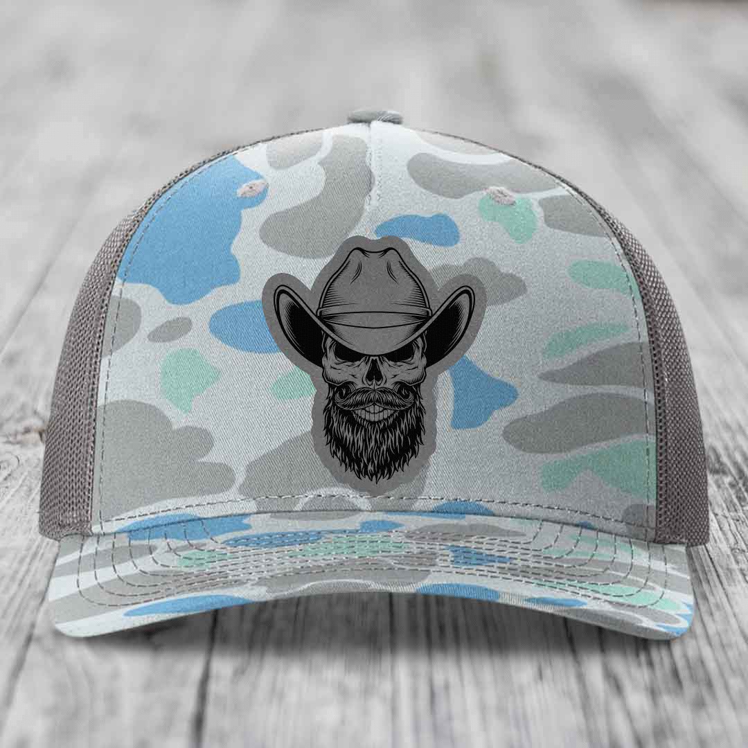 Bearded Cowboy Skull - Leather Patch Hat - Grey to Black Patch - Richardson 112PFP Snapback Trucker Hat