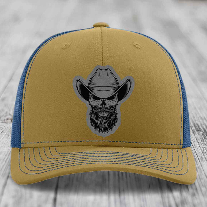 Bearded Cowboy Skull - Leather Patch Hat - Grey to Black Patch - Richardson 112 Snapback Trucker Hat