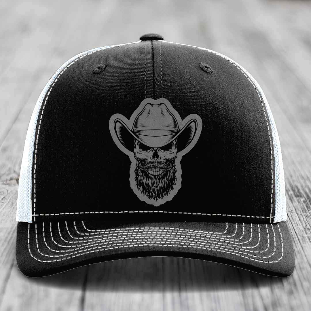 Bearded Cowboy Skull - Leather Patch Hat - Grey to Black Patch - Richardson 112 Snapback Trucker Hat