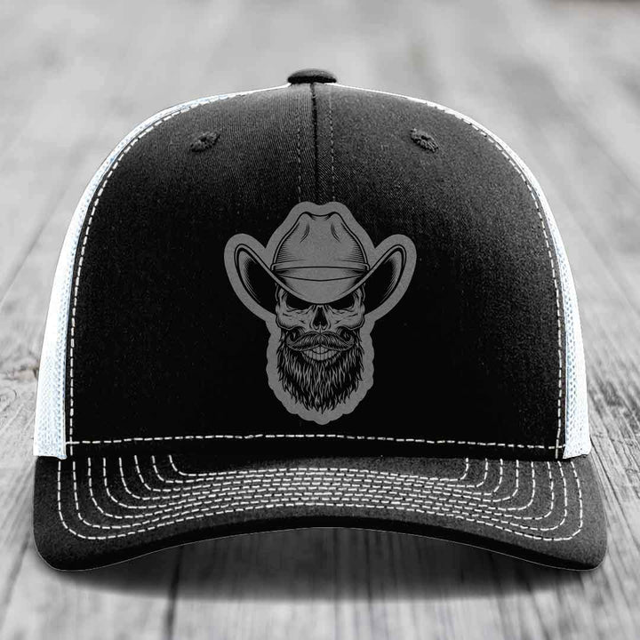 Bearded Cowboy Skull - Leather Patch Hat - Grey to Black Patch - Richardson 112 Snapback Trucker Hat