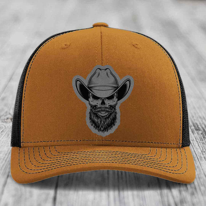 Bearded Cowboy Skull - Leather Patch Hat - Grey to Black Patch - Richardson 112 Snapback Trucker Hat