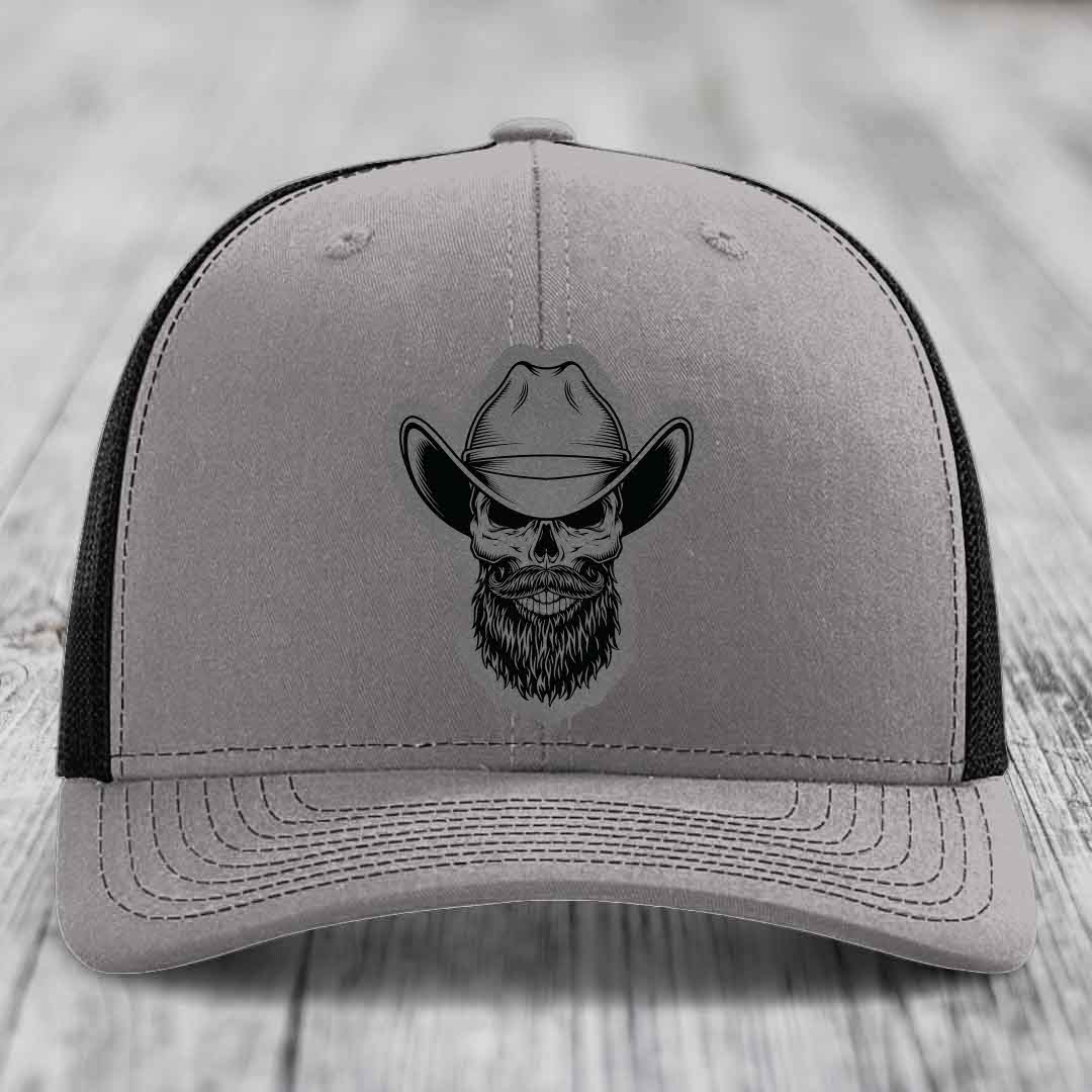 Bearded Cowboy Skull - Leather Patch Hat - Grey to Black Patch - Richardson 112 Snapback Trucker Hat
