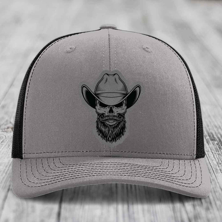 Bearded Cowboy Skull - Leather Patch Hat - Grey to Black Patch - Richardson 112 Snapback Trucker Hat