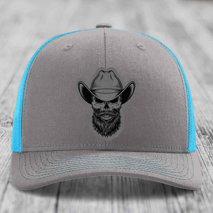 Bearded Cowboy Skull - Leather Patch Hat - Grey to Black Patch - Richardson 112 Snapback Trucker Hat
