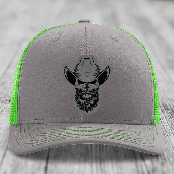 Bearded Cowboy Skull - Leather Patch Hat - Grey to Black Patch - Richardson 112 Snapback Trucker Hat
