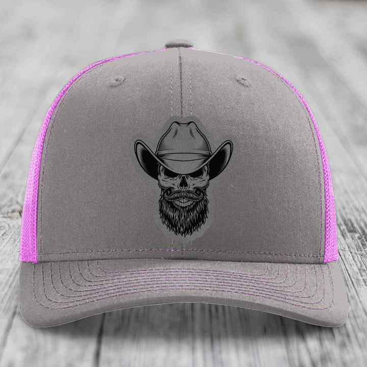 Bearded Cowboy Skull - Leather Patch Hat - Grey to Black Patch - Richardson 112 Snapback Trucker Hat