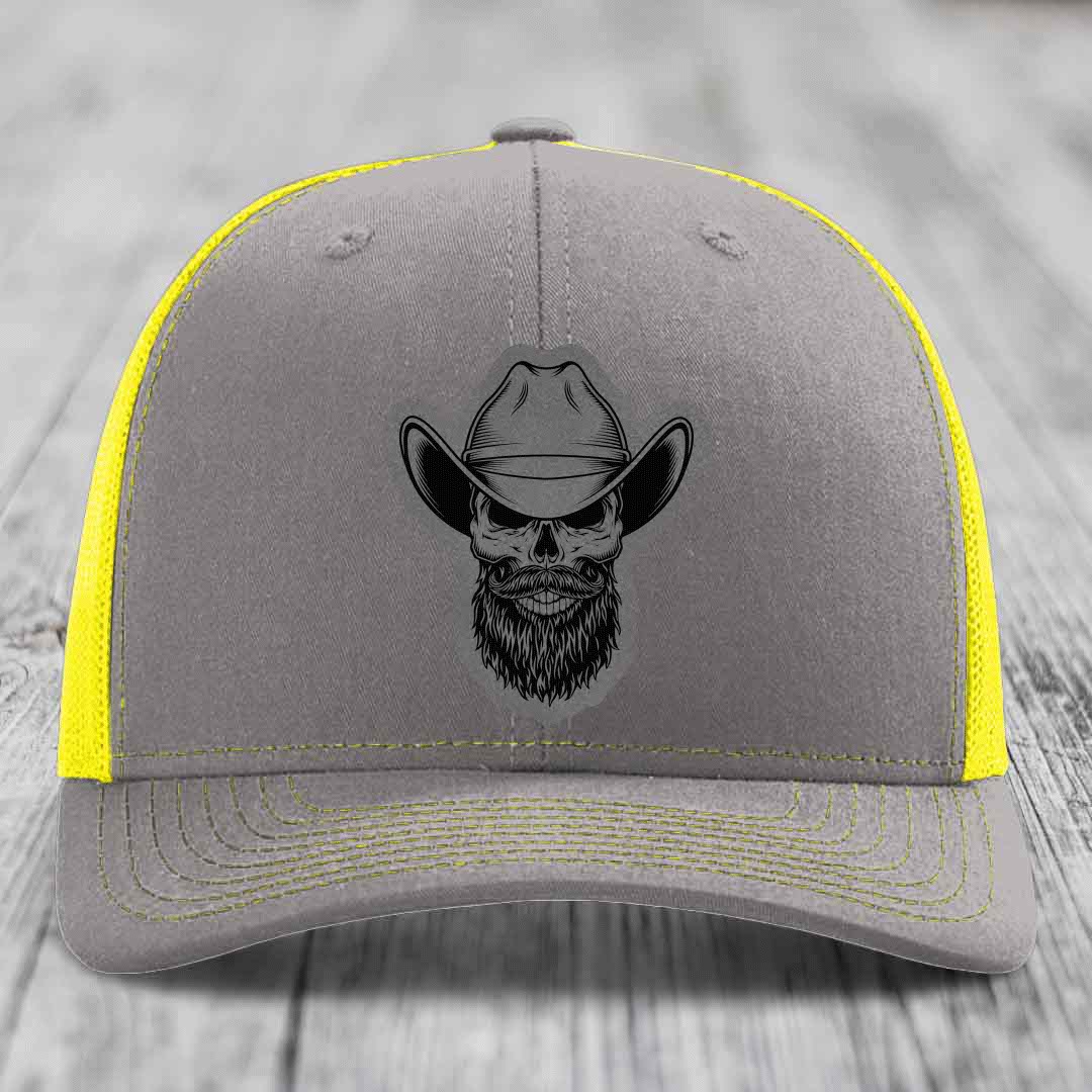 Bearded Cowboy Skull - Leather Patch Hat - Grey to Black Patch - Richardson 112 Snapback Trucker Hat