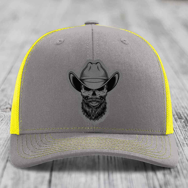 Bearded Cowboy Skull - Leather Patch Hat - Grey to Black Patch - Richardson 112 Snapback Trucker Hat