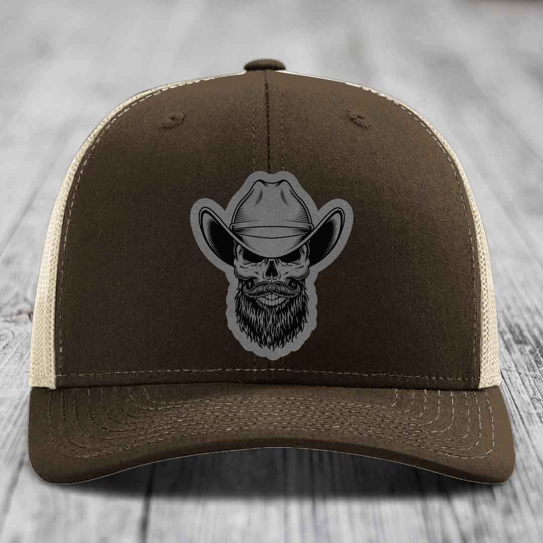 Bearded Cowboy Skull - Leather Patch Hat - Grey to Black Patch - Richardson 112 Snapback Trucker Hat
