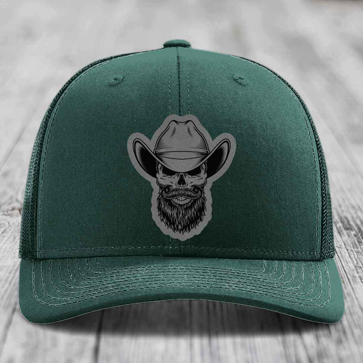 Bearded Cowboy Skull - Leather Patch Hat - Grey to Black Patch - Richardson 112 Snapback Trucker Hat