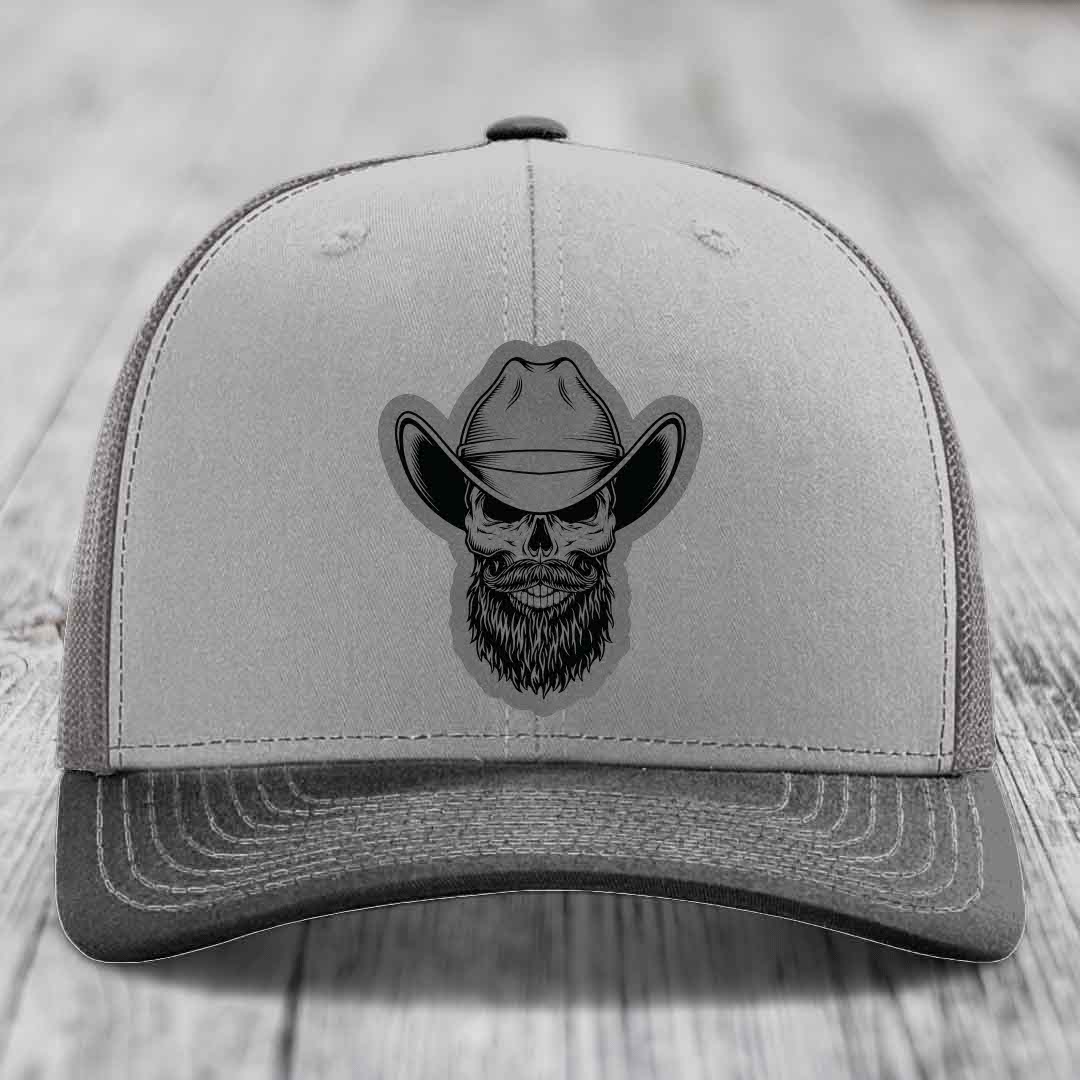 Bearded Cowboy Skull - Leather Patch Hat - Grey to Black Patch - Richardson 112 Snapback Trucker Hat