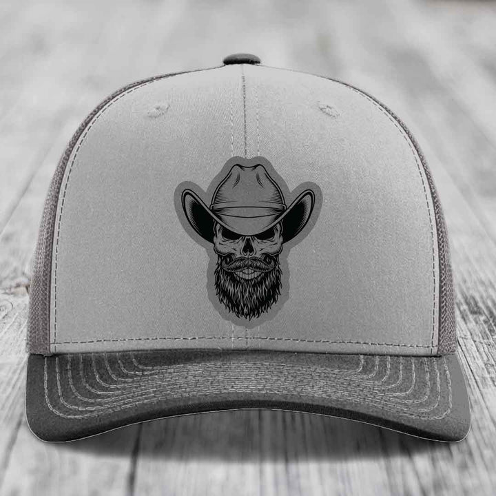 Bearded Cowboy Skull - Leather Patch Hat - Grey to Black Patch - Richardson 112 Snapback Trucker Hat