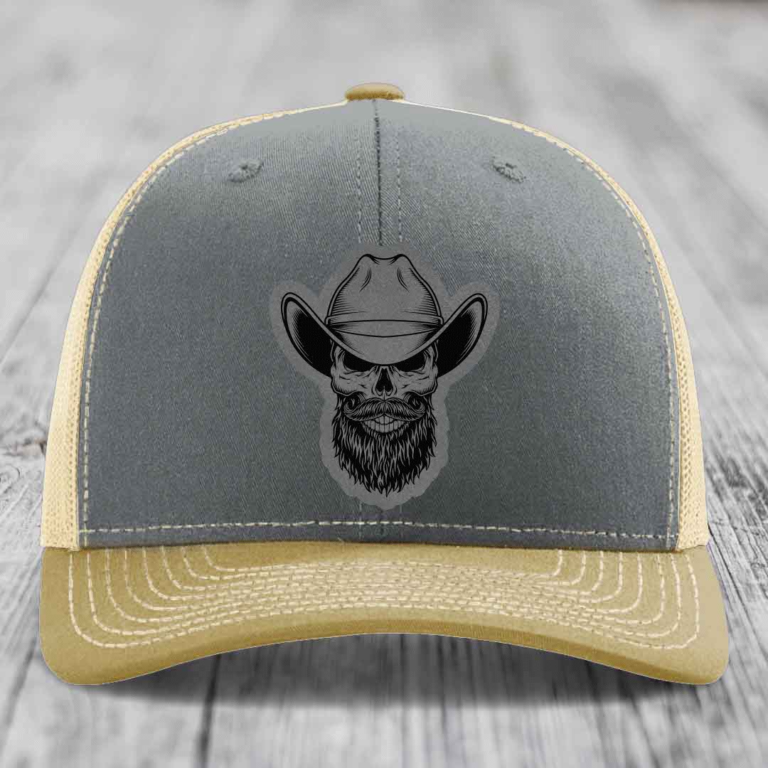 Bearded Cowboy Skull - Leather Patch Hat - Grey to Black Patch - Richardson 112 Snapback Trucker Hat