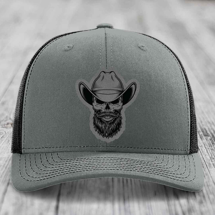 Bearded Cowboy Skull - Leather Patch Hat - Grey to Black Patch - Richardson 112 Snapback Trucker Hat