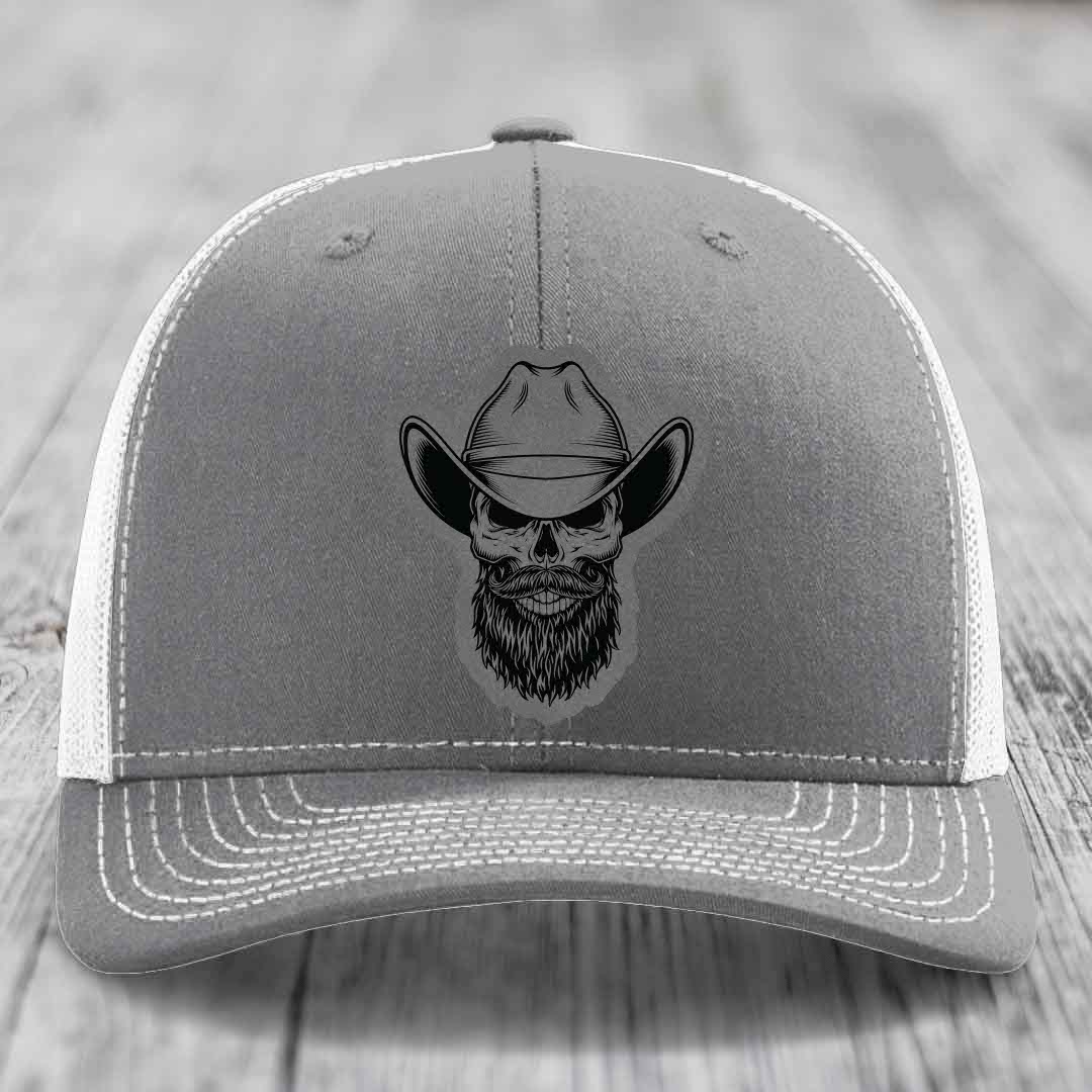 Bearded Cowboy Skull - Leather Patch Hat - Grey to Black Patch - Richardson 112 Snapback Trucker Hat
