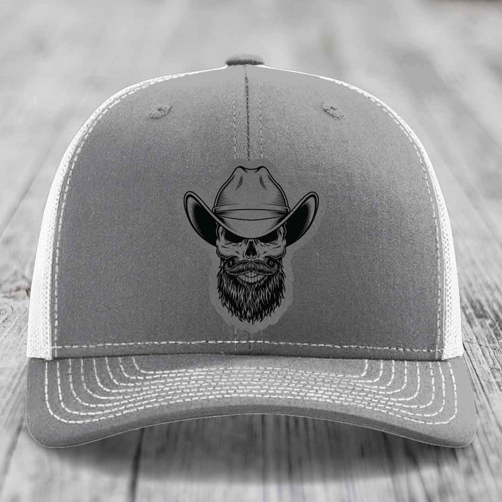Bearded Cowboy Skull - Leather Patch Hat - Grey to Black Patch - Richardson 112 Snapback Trucker Hat