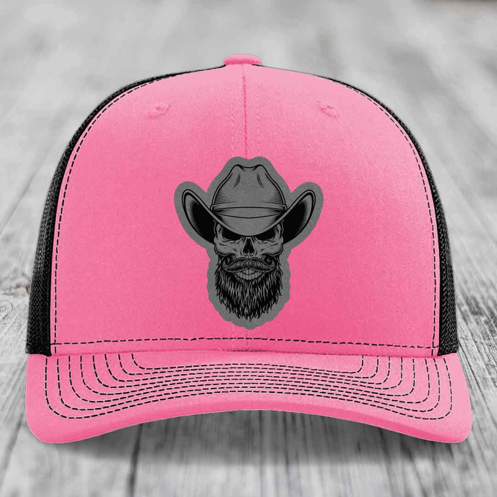 Bearded Cowboy Skull - Leather Patch Hat - Grey to Black Patch - Richardson 112 Snapback Trucker Hat