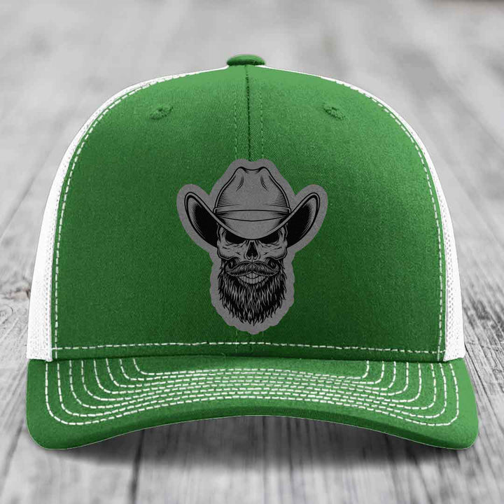Bearded Cowboy Skull - Leather Patch Hat - Grey to Black Patch - Richardson 112 Snapback Trucker Hat