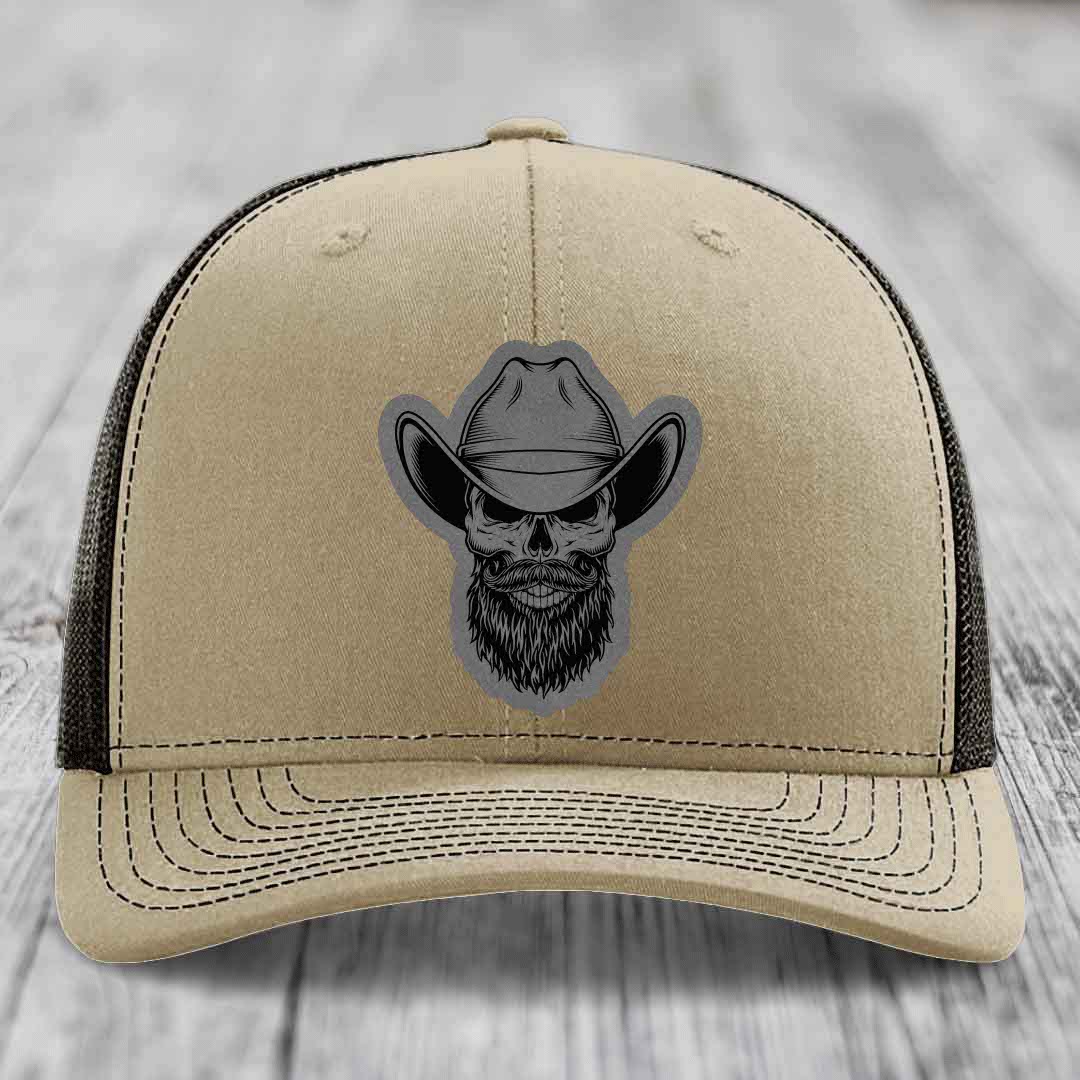 Bearded Cowboy Skull - Leather Patch Hat - Grey to Black Patch - Richardson 112 Snapback Trucker Hat