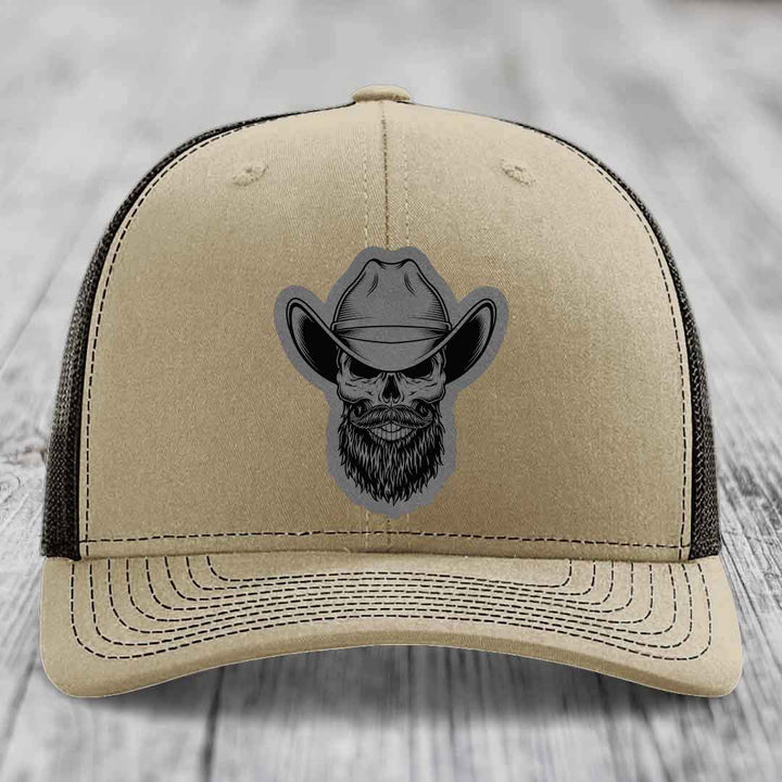 Bearded Cowboy Skull - Leather Patch Hat - Grey to Black Patch - Richardson 112 Snapback Trucker Hat