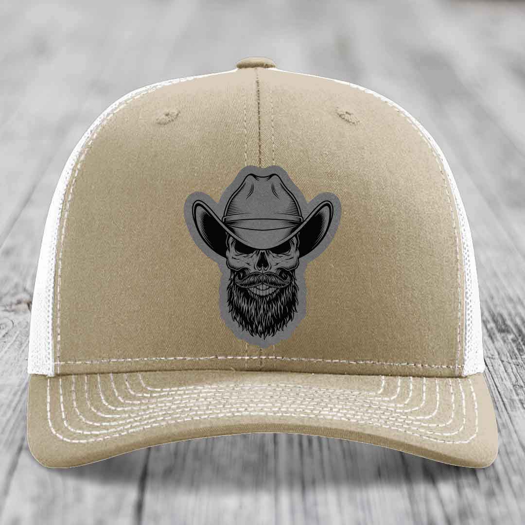 Bearded Cowboy Skull - Leather Patch Hat - Grey to Black Patch - Richardson 112 Snapback Trucker Hat