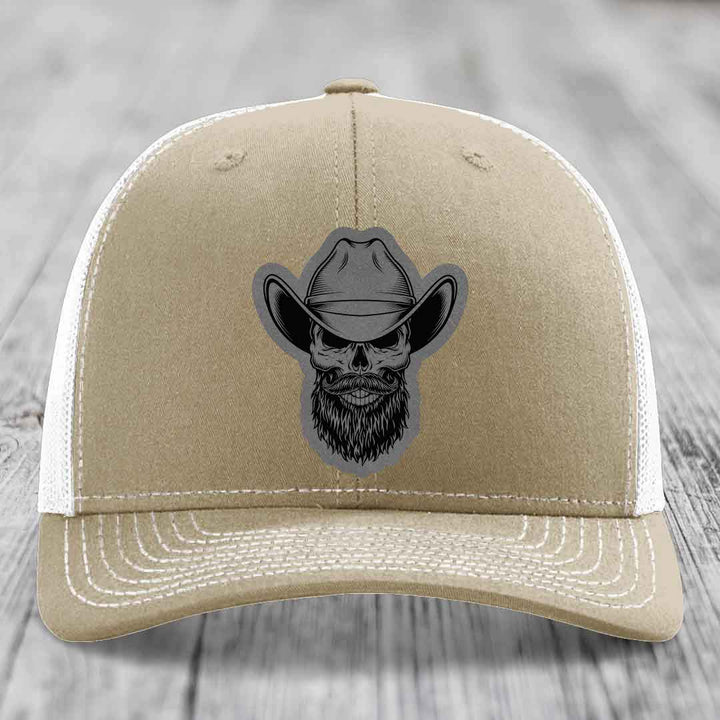 Bearded Cowboy Skull - Leather Patch Hat - Grey to Black Patch - Richardson 112 Snapback Trucker Hat