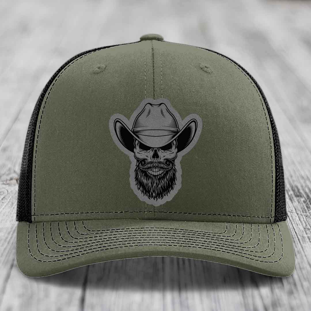 Bearded Cowboy Skull - Leather Patch Hat - Grey to Black Patch - Richardson 112 Snapback Trucker Hat