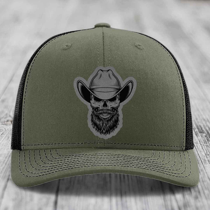 Bearded Cowboy Skull - Leather Patch Hat - Grey to Black Patch - Richardson 112 Snapback Trucker Hat