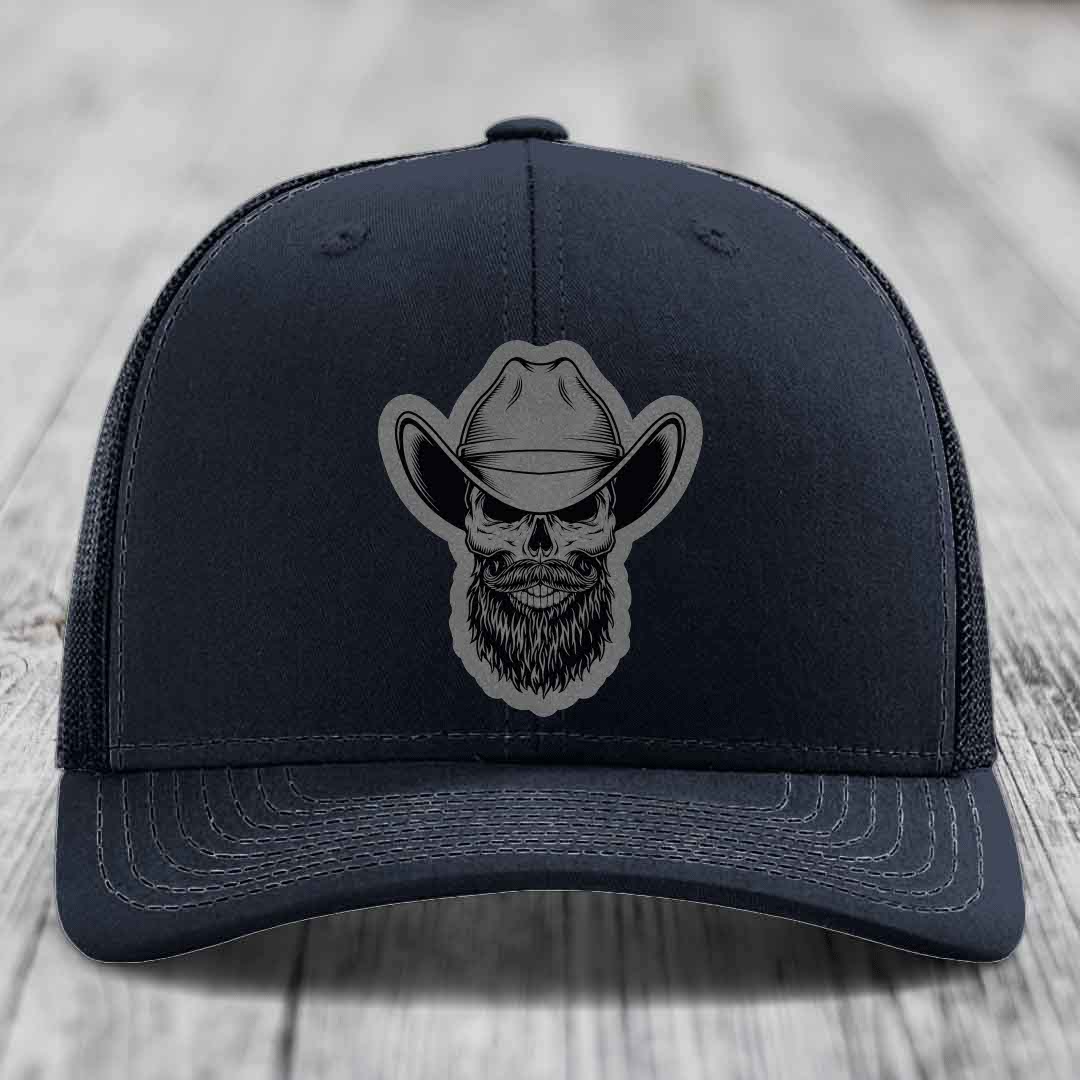 Bearded Cowboy Skull - Leather Patch Hat - Grey to Black Patch - Richardson 112 Snapback Trucker Hat