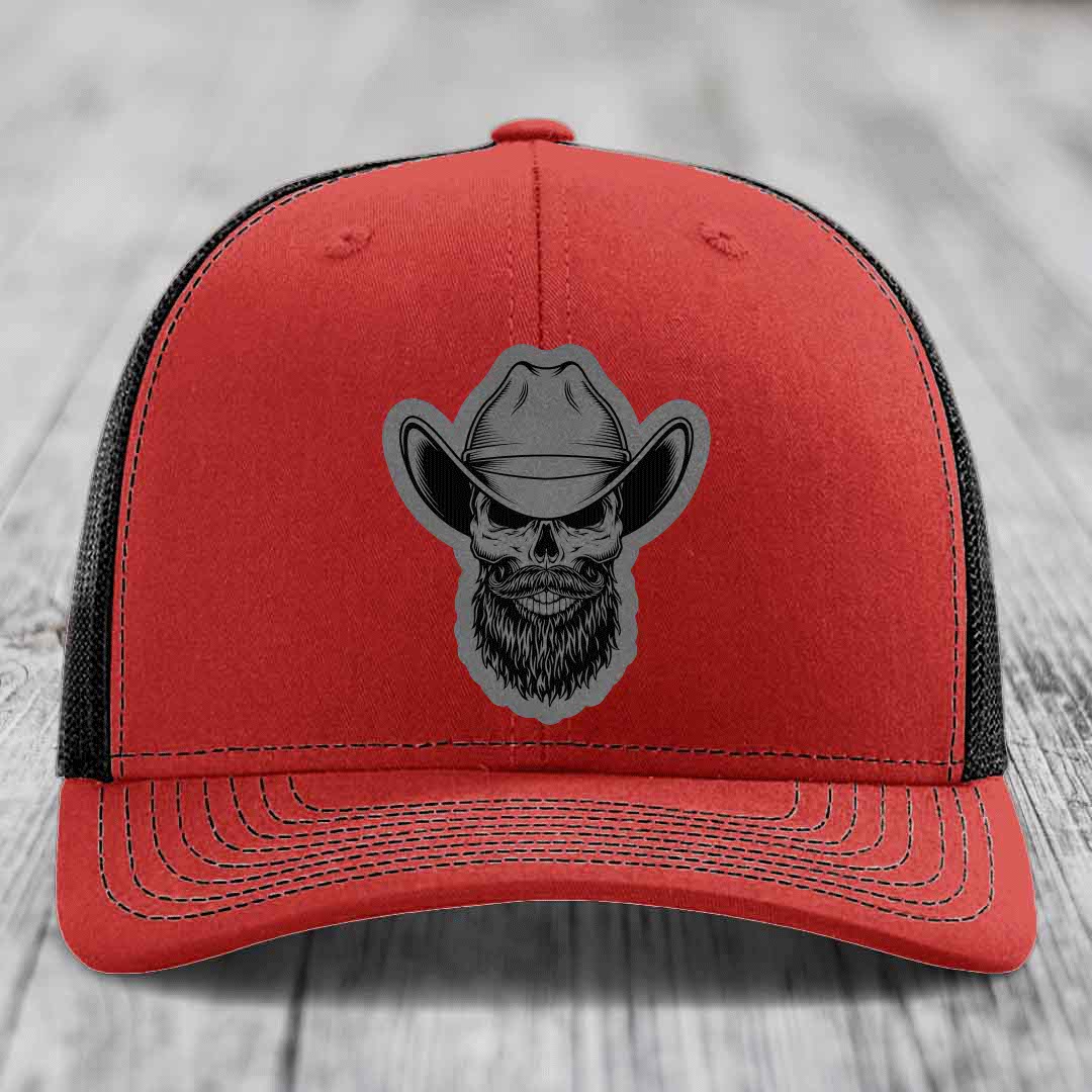Bearded Cowboy Skull - Leather Patch Hat - Grey to Black Patch - Richardson 112 Snapback Trucker Hat