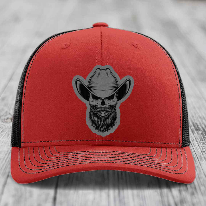 Bearded Cowboy Skull - Leather Patch Hat - Grey to Black Patch - Richardson 112 Snapback Trucker Hat