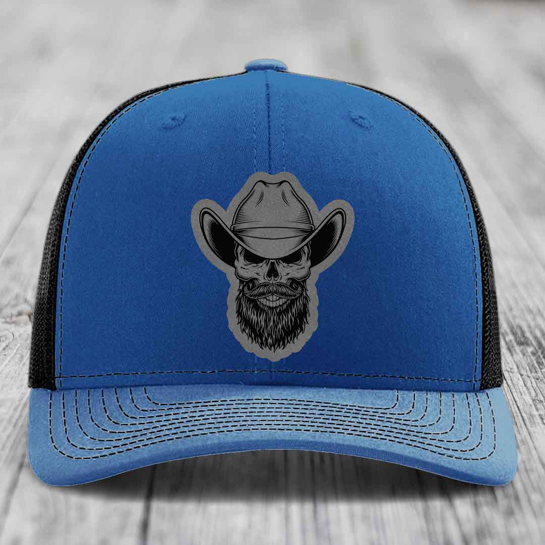Bearded Cowboy Skull - Leather Patch Hat - Grey to Black Patch - Richardson 112 Snapback Trucker Hat