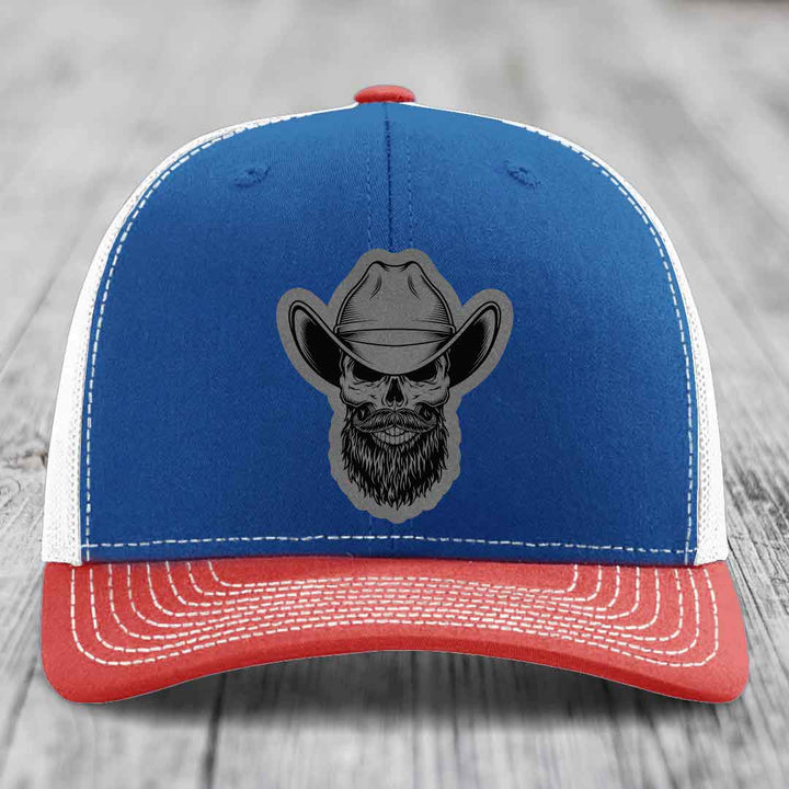 Bearded Cowboy Skull - Leather Patch Hat - Grey to Black Patch - Richardson 112 Snapback Trucker Hat