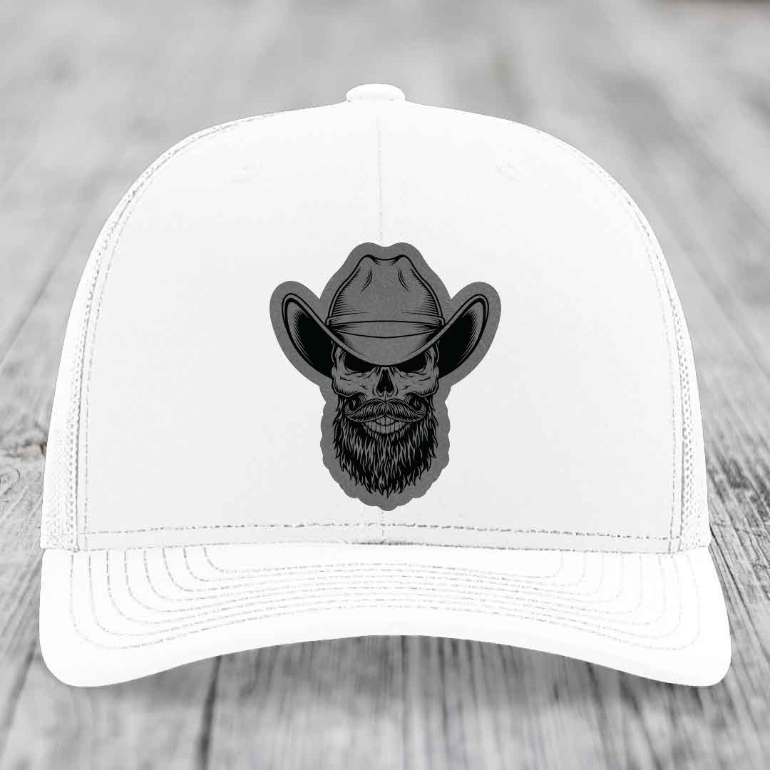 Bearded Cowboy Skull - Leather Patch Hat - Grey to Black Patch - Richardson 112 Snapback Trucker Hat