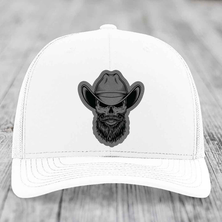 Bearded Cowboy Skull - Leather Patch Hat - Grey to Black Patch - Richardson 112 Snapback Trucker Hat