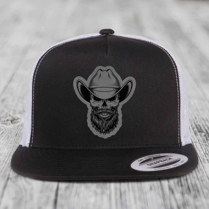 Bearded Cowboy Skull - Leather Patch Hat - Grey to Black Patch - Yupoong 6006 Snapback Flatbill Hat