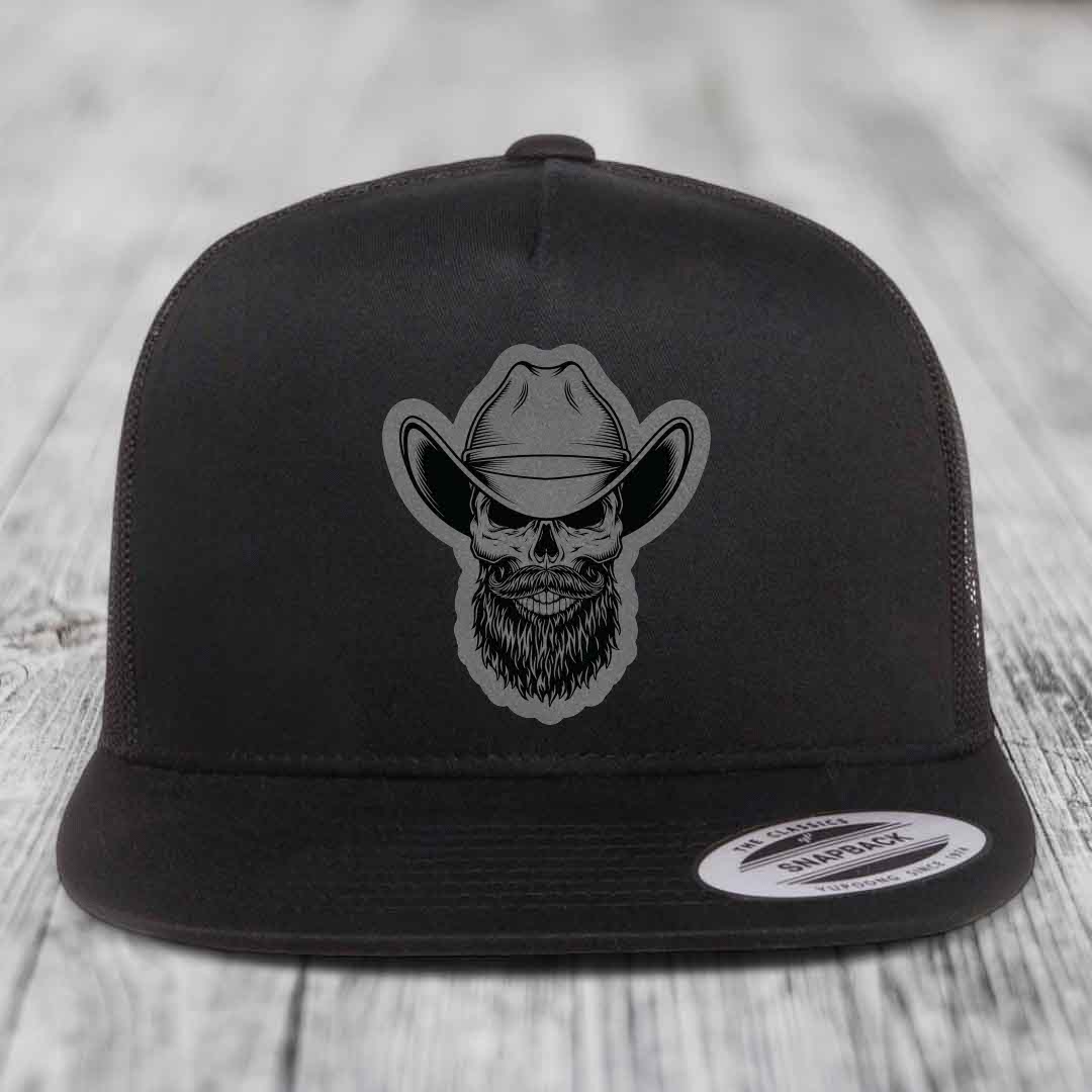 Bearded Cowboy Skull - Leather Patch Hat - Grey to Black Patch - Yupoong 6006 Snapback Flatbill Hat