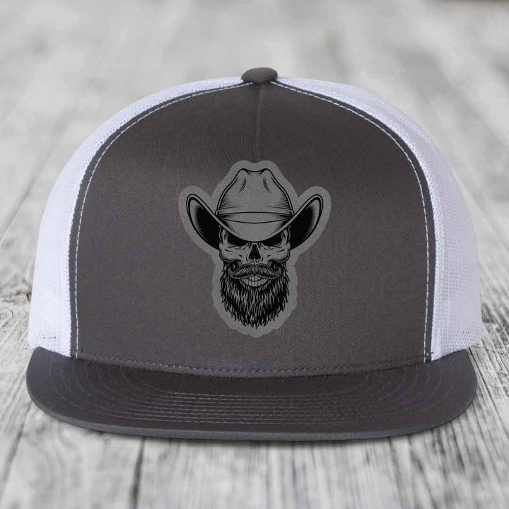 Bearded Cowboy Skull - Leather Patch Hat - Grey to Black Patch - Yupoong 6006 Snapback Flatbill Hat
