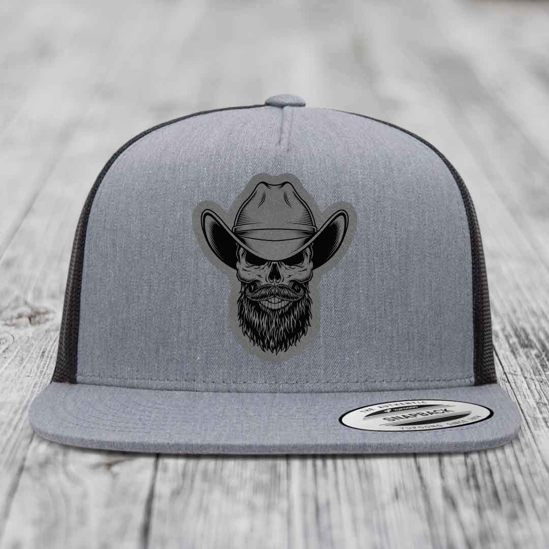 Bearded Cowboy Skull - Leather Patch Hat - Grey to Black Patch - Yupoong 6006 Snapback Flatbill Hat