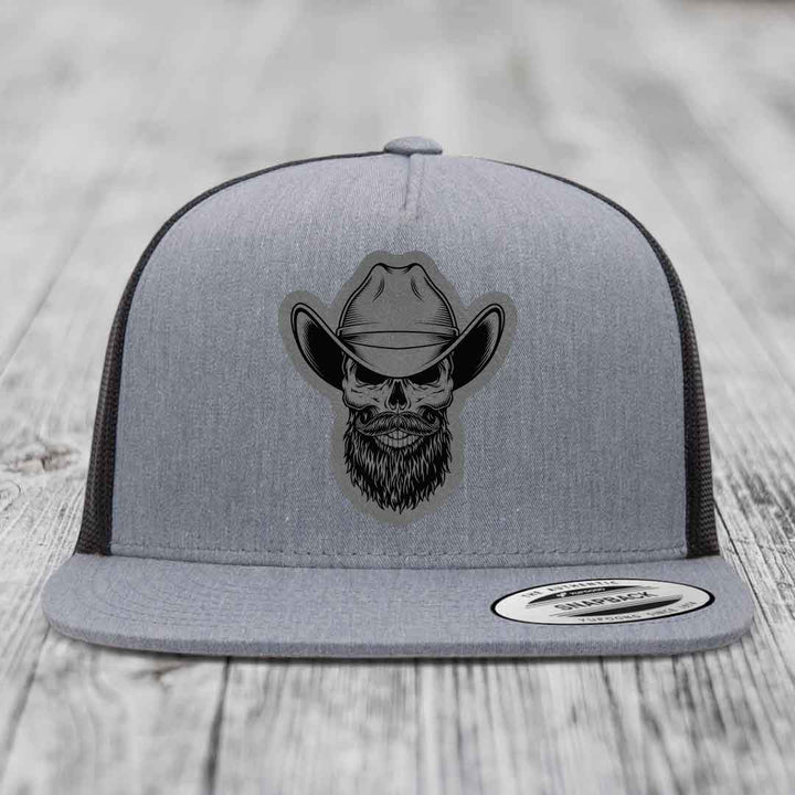 Bearded Cowboy Skull - Leather Patch Hat - Grey to Black Patch - Yupoong 6006 Snapback Flatbill Hat