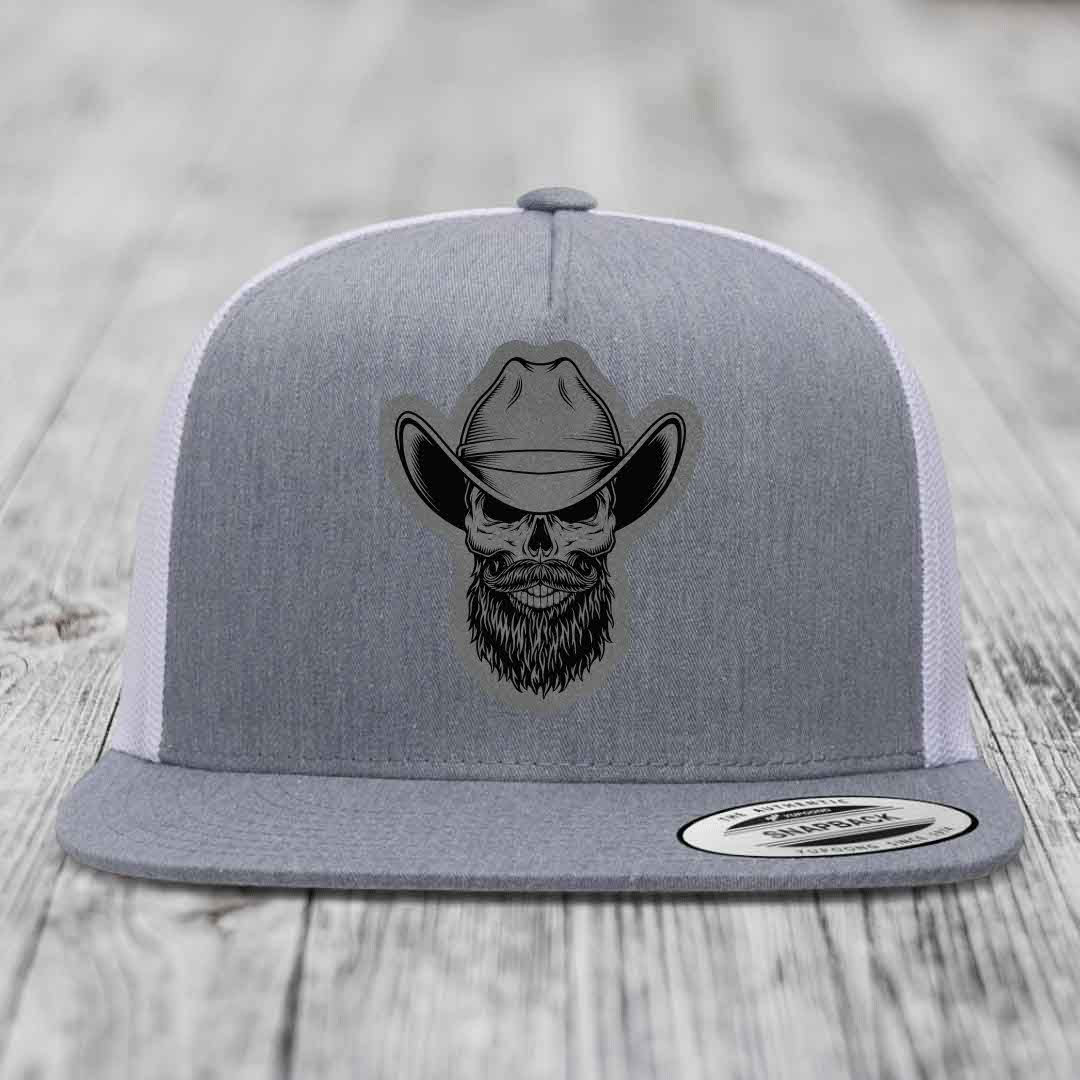 Bearded Cowboy Skull - Leather Patch Hat - Grey to Black Patch - Yupoong 6006 Snapback Flatbill Hat